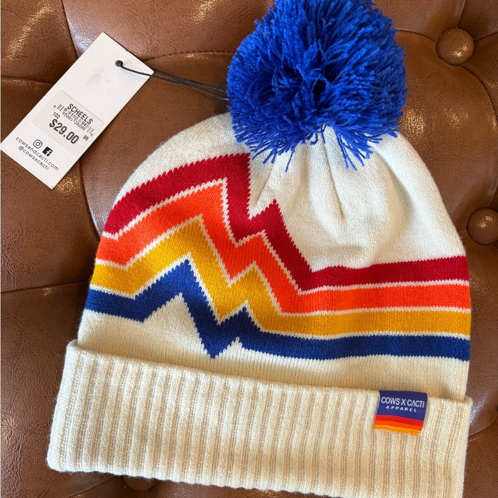 Women's Pom-Pom Beanie - Blue, Red, Yellow